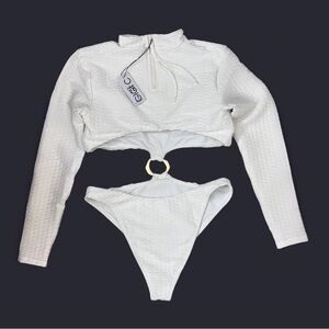 Gigi C White Textured Cutout Bikini Set Long Sleeve Crop Top NWT